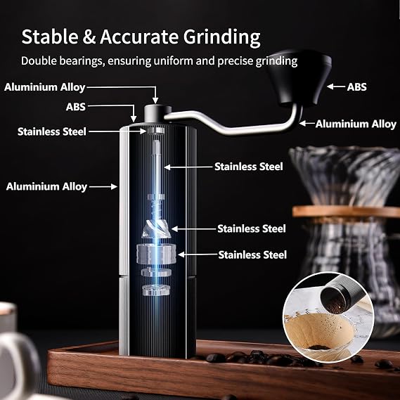 Precision Manual Coffee Grinder – Stainless Steel Burr & Shaft, Dual Bearings, Aluminium Body & Handle with ABS Support Frame, Adjustable Grind & Portable Travel Pouch – Black