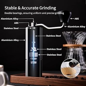 Precision Manual Coffee Grinder – Stainless Steel Burr & Shaft, Dual Bearings, Aluminium Body & Handle with ABS Support Frame, Adjustable Grind & Portable Travel Pouch – Black