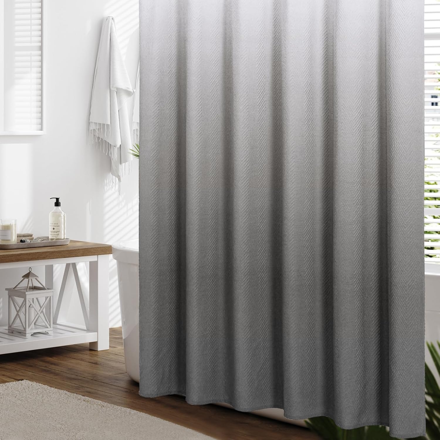 Gibelle Ombre Grey Shower Curtain, 3D Embossed Textured Herringbone Fabric Shower Curtain, Modern Farmhouse Bathroom Decor Soft Cloth Shower Curtain Set with Hooks, 72x72