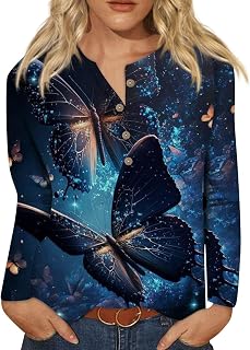 Womens Button Down Shirts Dressy Casual 2023 Clearance Crew Neck Blouse Trendy Shirts Tops Long Sleeved T-Shirts Graphic Tees