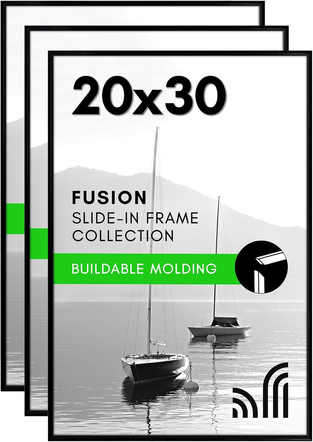 Americanflat 20x30 Poster Frame with Polished Front Cover - Set of 3 - Slide-In Photo Frame with Buildable Molding - Fusion Collection - Picture Frames for Wall Display - Black Black 20X30