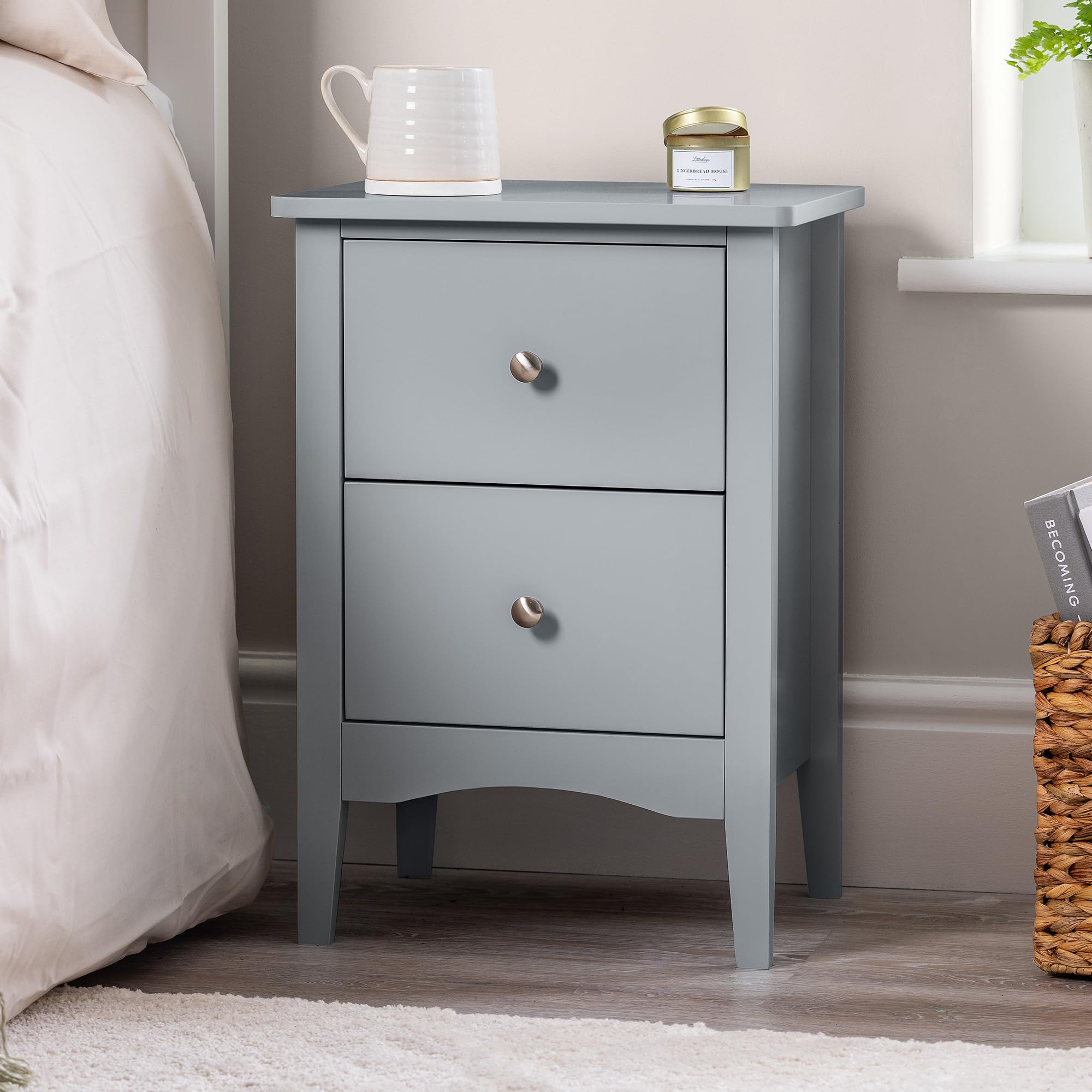 Christow Grey 2 Drawer Bedside Table, Modern Bedroom Nightstand, Wooden Mdf Side End Stand For Living Room Hallway Sofa, Brushed Chrome Handles, Smooth Glide Runners (H57cm X W40cm X D30cm)
