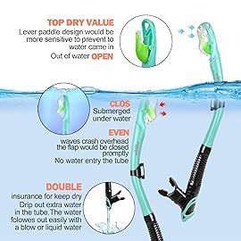 Snorkel Set Pano 3 Window Adult Snorkeling Gear, Professional Snorkel Goggles Anti-Fog Diving Mask, Anti-Leak Swim Goggles and Dry Top Snorkel for Diving, Snorkeling, Swimming (Black/Aqua)