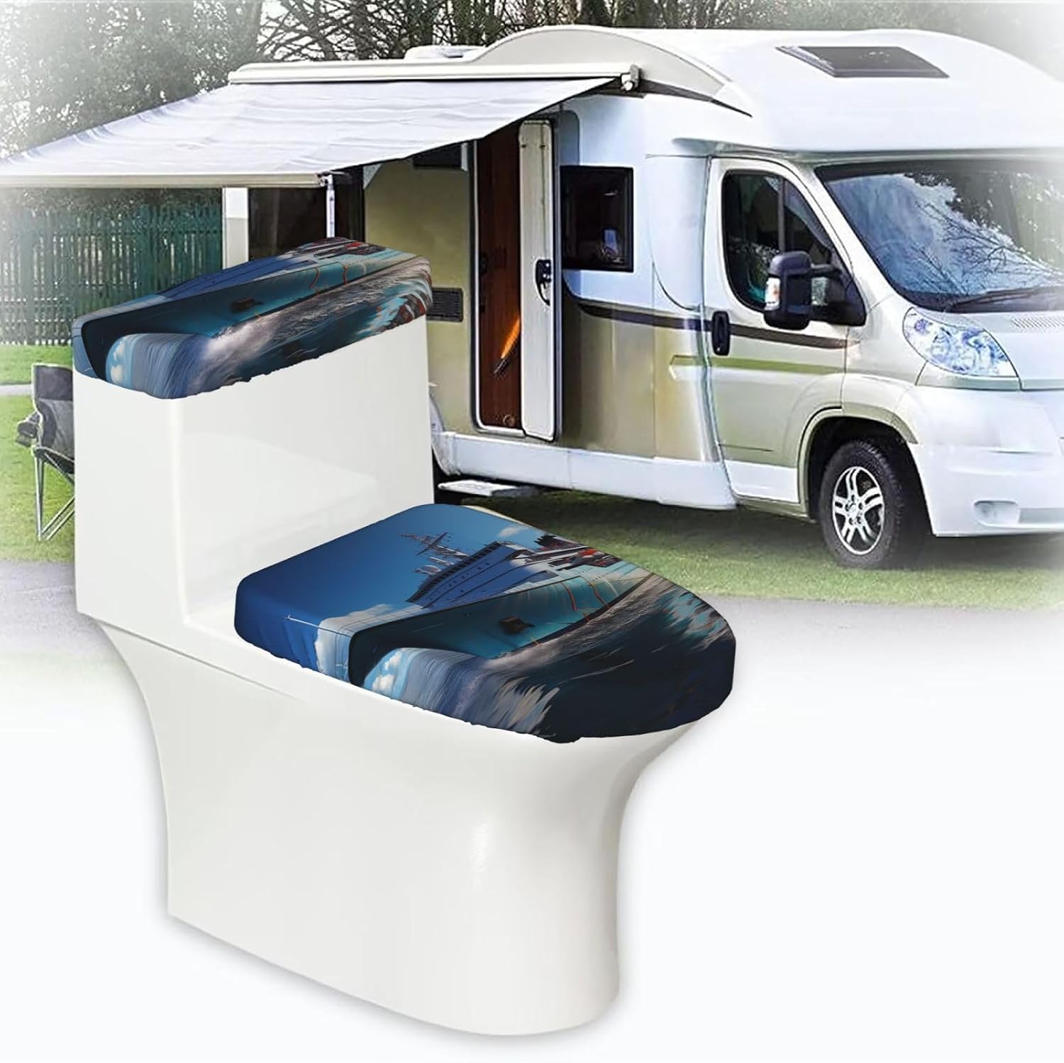 Ocean Ferry Boat Toilet Tank Cover And Toilet Lid Cover Set Stretch Bathroom Toilet Lid Seat Cover