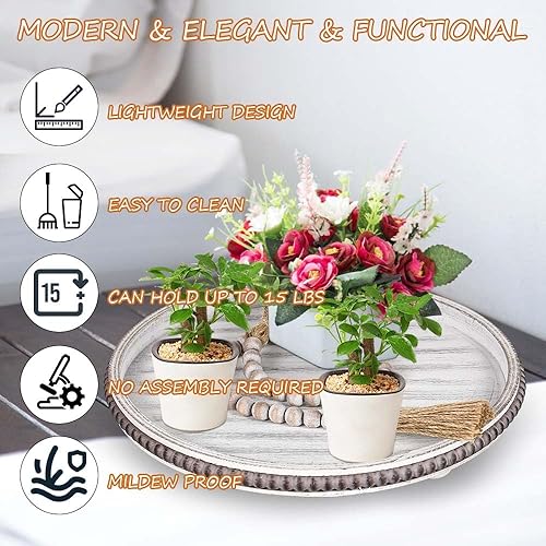 Miniatura 3 de Bandeja decorativa de madera de 12 pulgadas, bandeja redonda con cuentas de madera, bandeja decorativa para mesa de café, bandeja redonda para