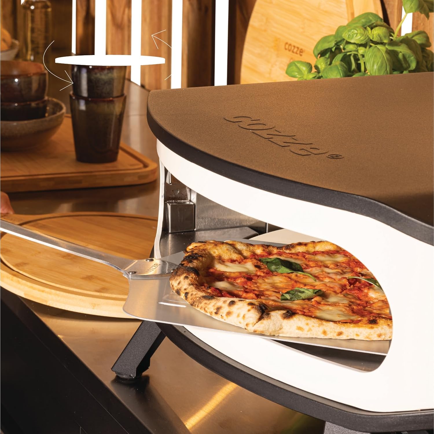 Cozze Horno de Pizza 17" con Piedra Giratoria y Puerta | Horno de Gas para Exteriores | Coccin Rpida en 2 Minutos | Termmetro Integrado | Quemadores en Forma de U