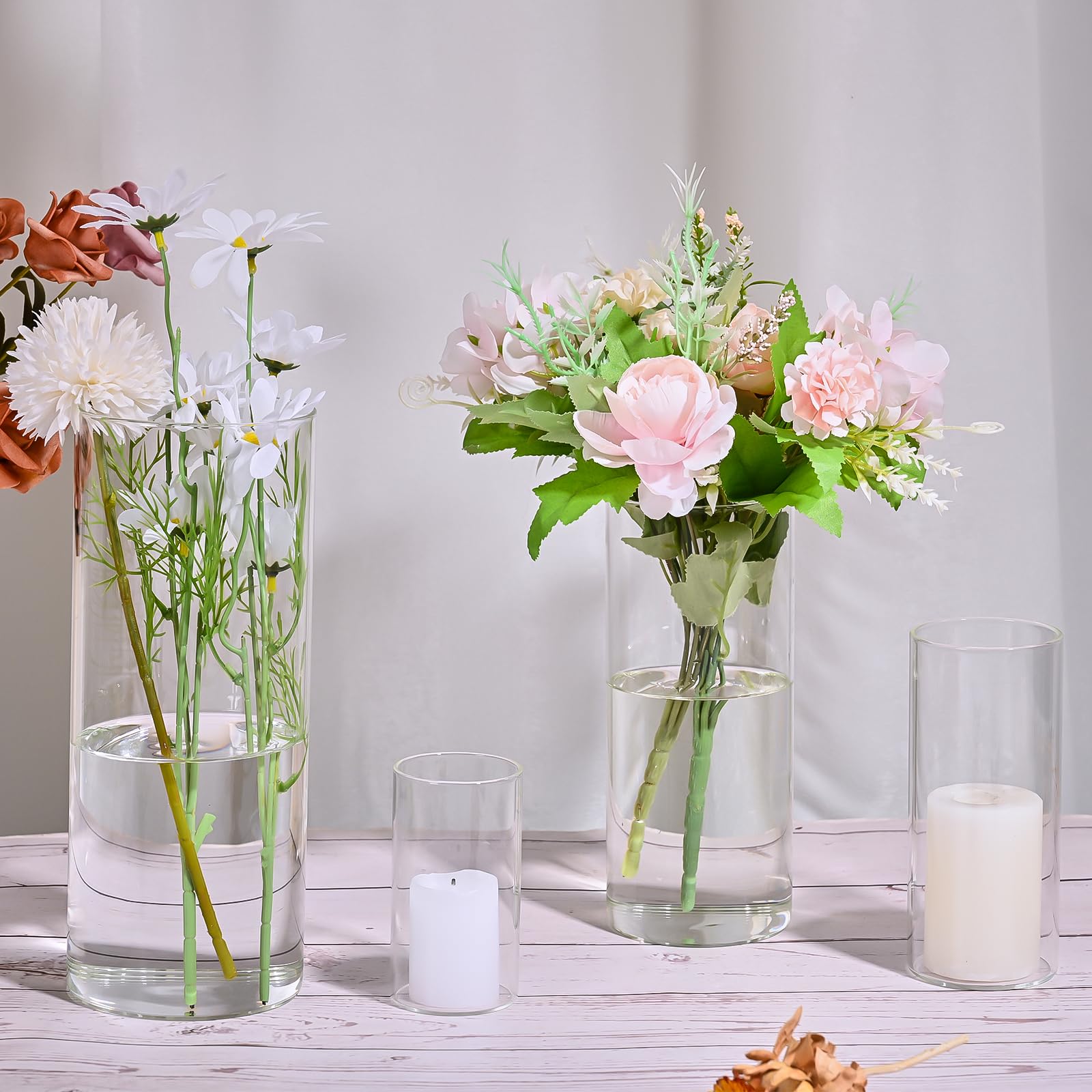 48 jarrones cilíndricos de vidrio de 4, 6, 8, 10 pulgadas, portavelas de huracán, a granel, 4 tamaños diferentes, jarrones transparentes altos para centros de mesa de boda, jarrón de flores de cristal