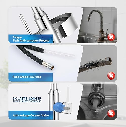 Miniatura 7 de Grifos de cocina con rociador extraíble, grifos para fregaderos de cocina, grifo de cocina cromado, mango único de acero inoxidable, 1 o 3 agujeros