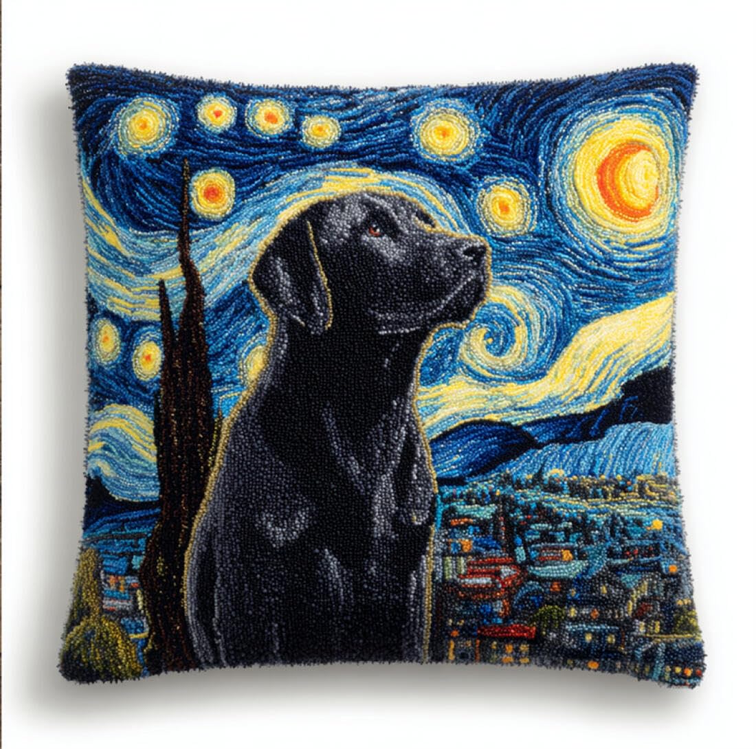 Kitquiver Animal DIY Craft Latch Hook Rug Kits Labrador Retrievers and The Starry Sky DIY Tapestry Throw Pillow Cover Needlepoint Cushion Kits for Home Décor Needlework Kit for Beginners 17x17In