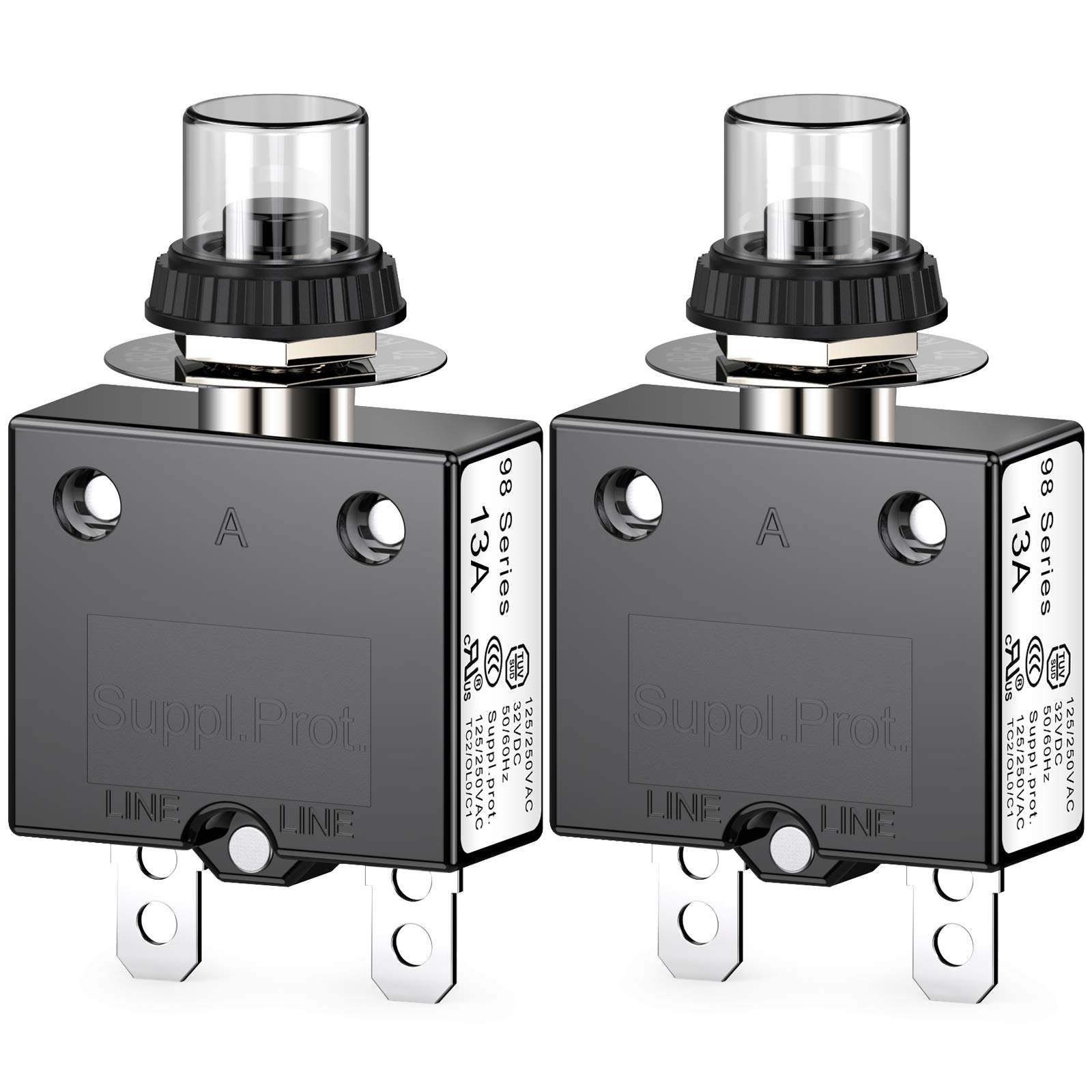 CLDIY Thermischer Schutzschalter, 98 Serie 13A 125 / 250VAC Drucktasten-Reset für Schutzschalter mit Schnellanschlussklemmen und wasserdichter Tastenabdeckung 32VDC, 2 Stck