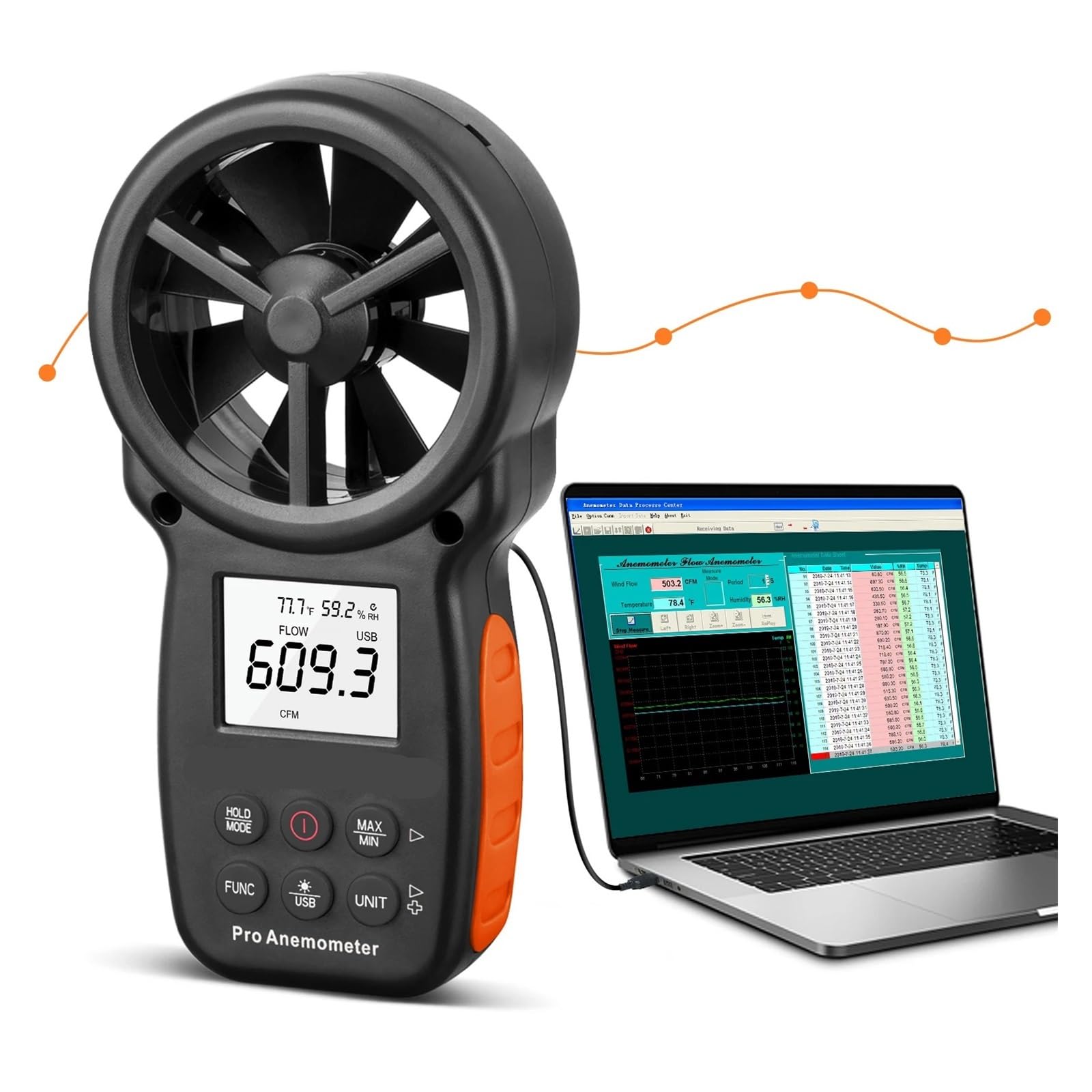 Anemómetro, Anemómetro digital portátil con conexión USB, medidor de punto de rocío y masa de aire.
