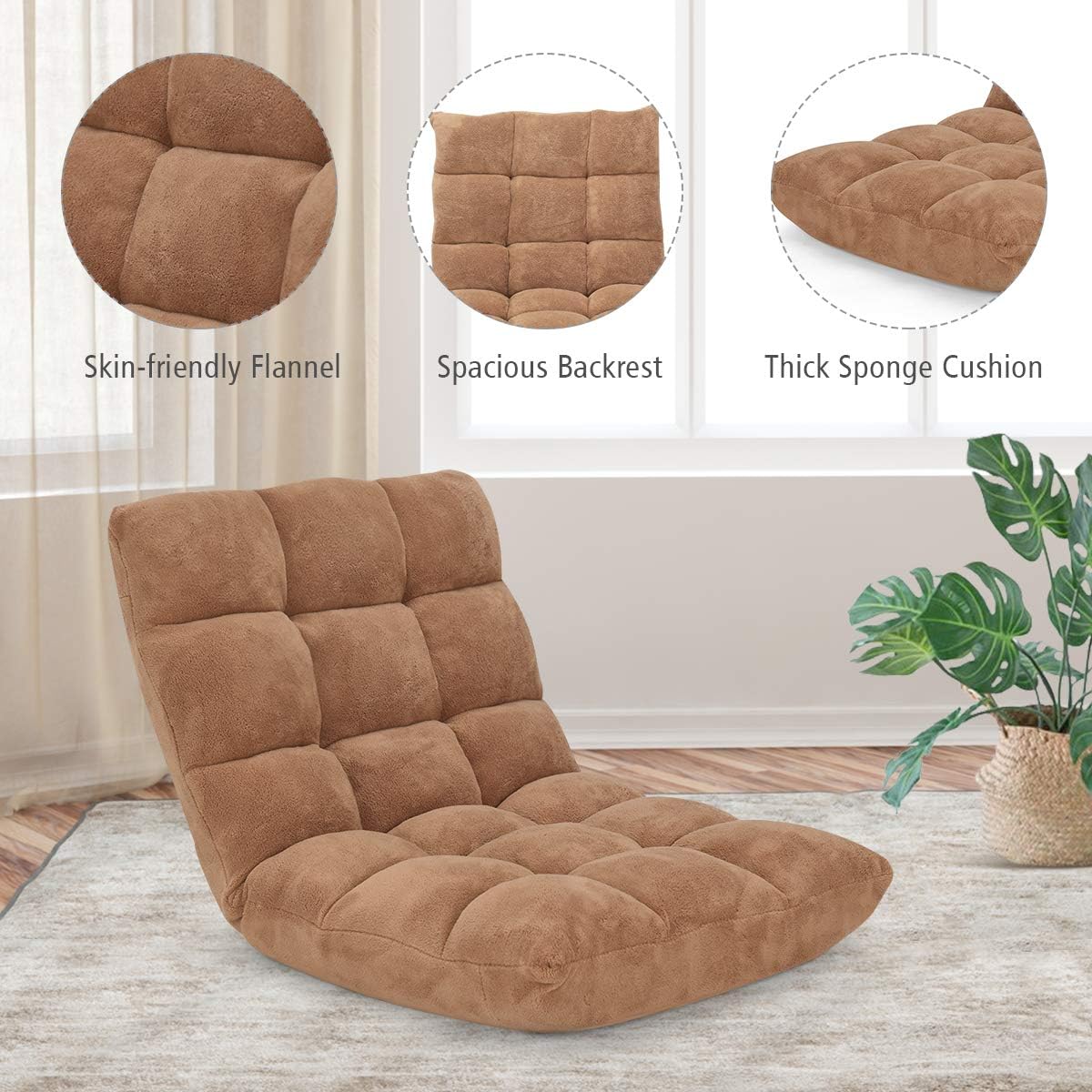 DORTALA Floor Gaming Chair with Back Support, 14-Position Adjustable Banana Chair for Adults, Foldable Floor Seats for Reading, Gaming (Tan)