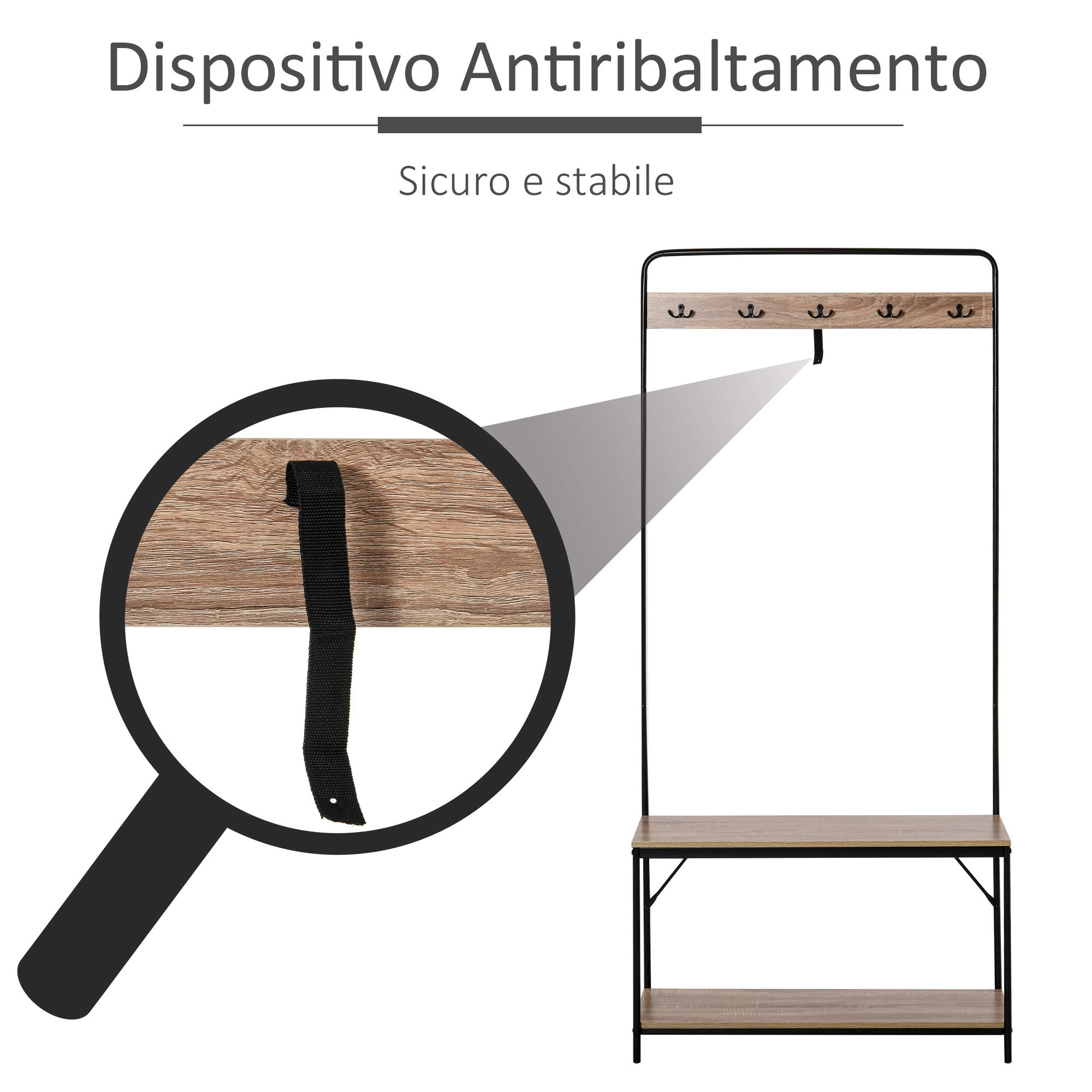 HOMCOM 3 in 1 Appendiabiti con Panca e Scarpiera, 80.5x30x170 cm, Nero | Stile Industriale, Mobile per Ingresso Vintage, Legno e Acciaio