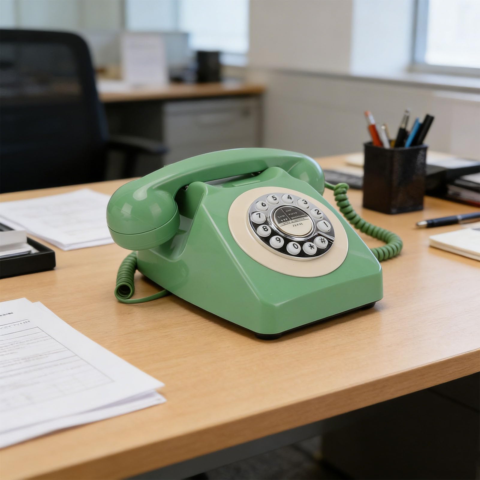 Fockety Telefon Stacjonarny w Stylu Retro, Klasyczny, Staromodny Przewodowy Telefon Stacjonarny z Lat 60. XX w., Zabytkowy Obrotowy z funkcją Ponownego Wybierania Numeru (ciemnozielony)