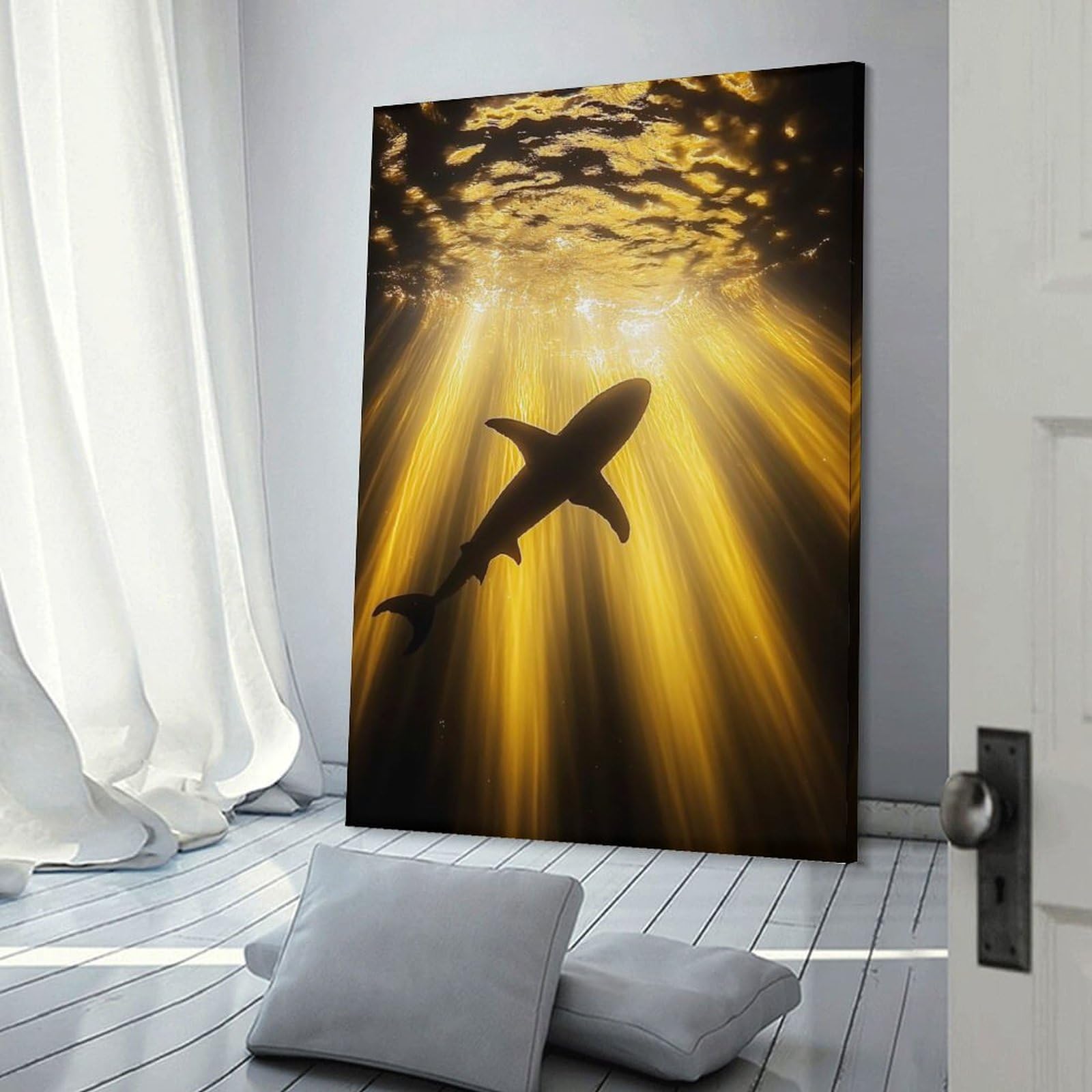 Junmoney Frame-Style-19-1 Shark Silhouette In Golden Light Room Decor Wall Art 24X36inch(60X90cm), For Bedroom Decor, Cosy Corners Or Studios, A Warm Accent For Relaxed Interiors