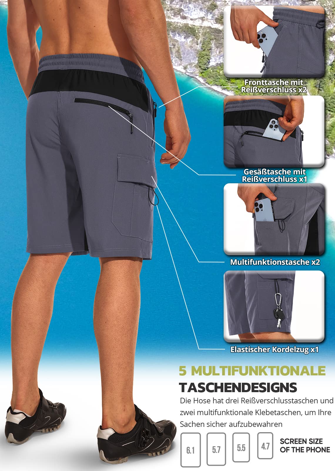 Hiauspor Pantaloncini cargo da trekking da uomo ad asciugatura rapida, leggeri ibridi con tasche con cerniera per pesca, golf, campeggio tattico