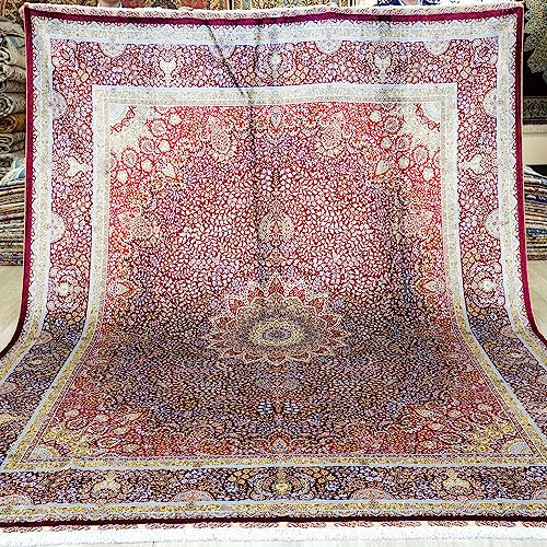 Yuchen Silk Carpet 8x10 Red Hand Knotted Medallion Traditional Vintage Large Oriental Silk Area Rug for Living Room