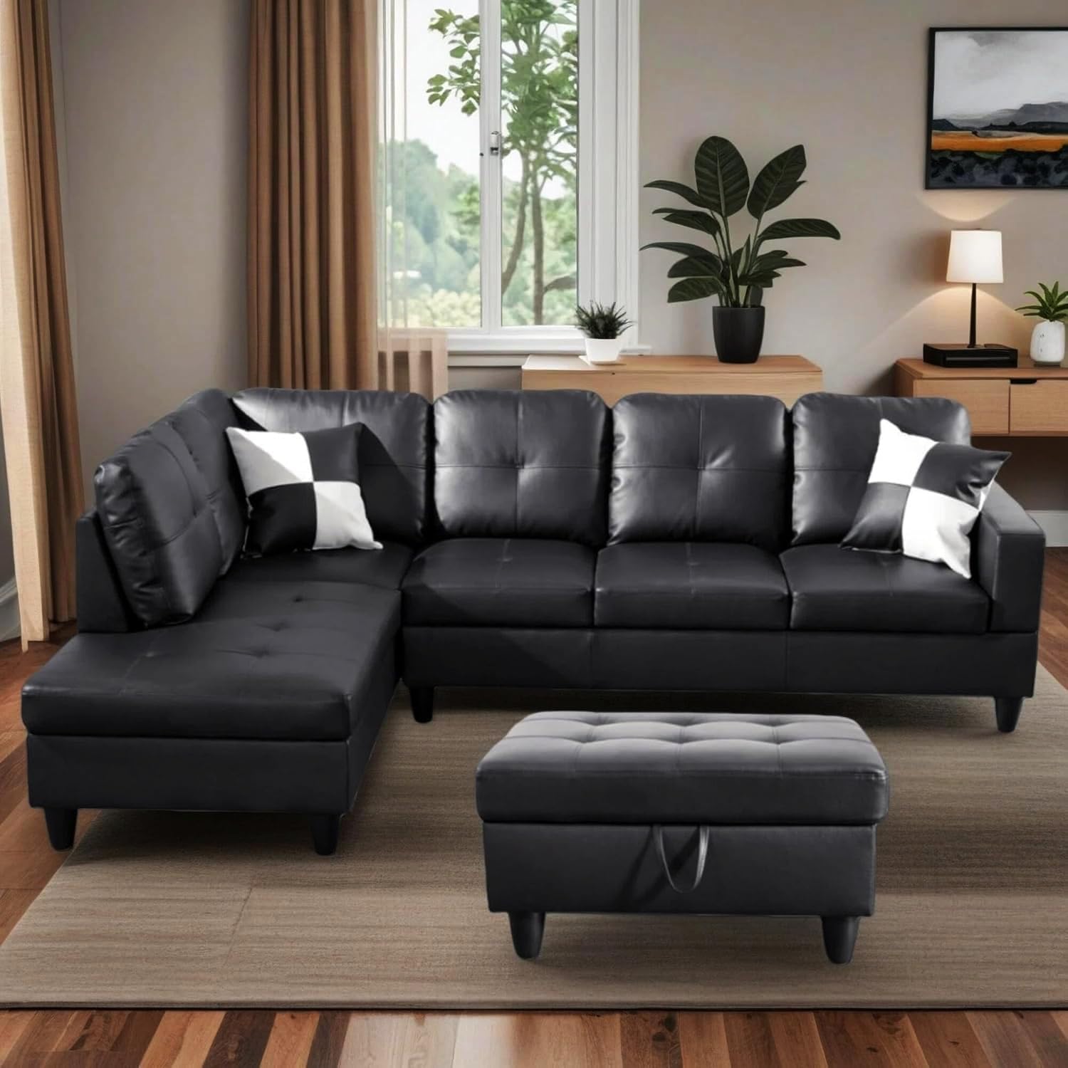 103.5" Sectional Couches for Living Room, Leather 4 Seat L Shaped Couch with Chaise, 3-Piece Modular Sofa with Storage Ottoman, Home Furniture Sets for Apartment Office, Black