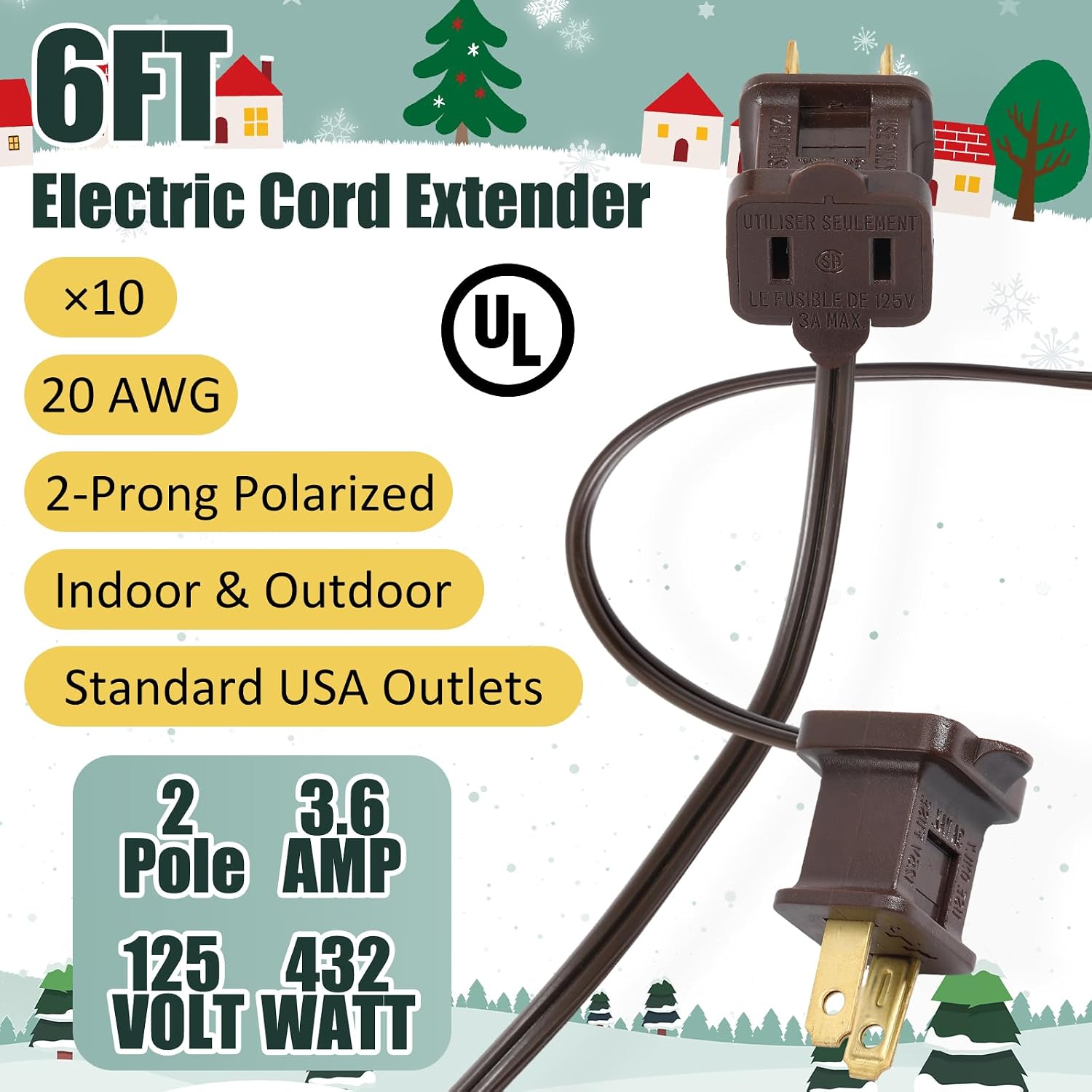 Kanayu 10 Pack 6ft Brown Indoor Extension Cord 2 Prong Electric Cord Extender, Wire Plug in and End, Ac 120 Volts, for Outdoor Christmas Connect or Extend String Lights