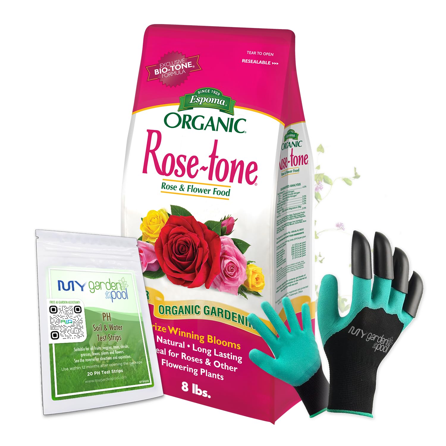 Espoma RT8 Organic Rose-Tone 4-3-2; 8 lb. Bag for All Types of Flowering Plants; with My Garden Pool PH Soil Test Strips 20 ct, and Gardening Claw Gloves and Garden-IQ, Smart Gardening AI Assistant!