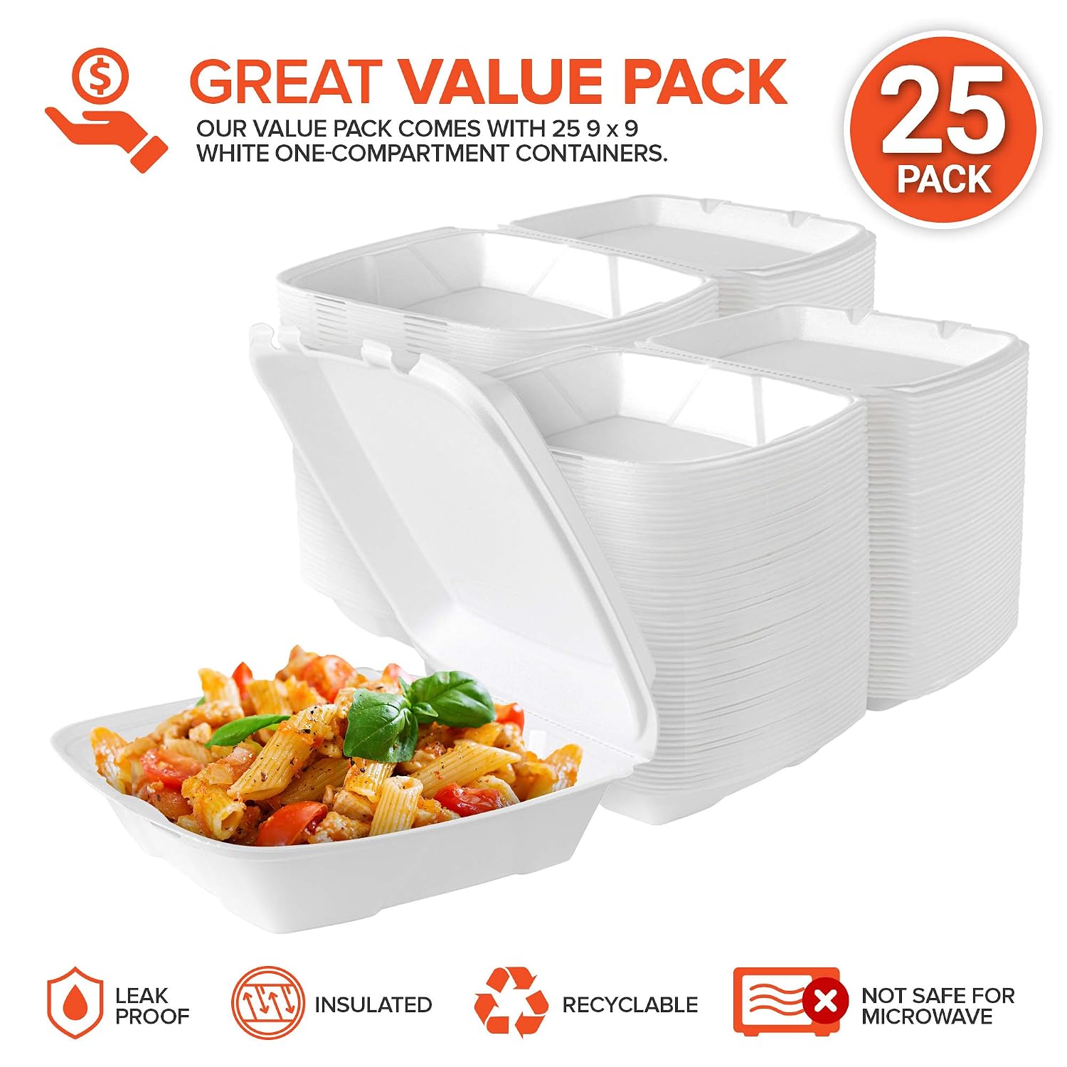 Stock Your Home 9x9 Clamshell Take Out Boxes (25 Pack) Large 1-Compartment Foam Food Containers Disposable Lunch Container, Restaurant Togo Trays with Hinged Lids for Takeout, Carryout, and Meal-Prep
