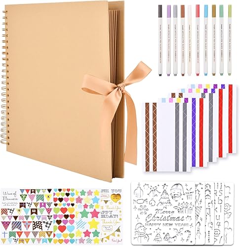 GOTIDEAL Álbum de recortes de 12 x 12 pulgadas con 10 marcadores metálicos, 80 páginas de papel artesanal para bodas y aniversarios, álbum de fotos