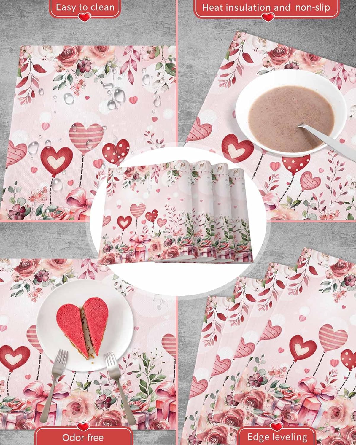 Valentines Placemats Eucalyptus Leaves Heart Flowers Valentines Day Place Mats for Dining Room Gift Rose Washable Table Mats for Kitchen Dining Decorations Set of 6