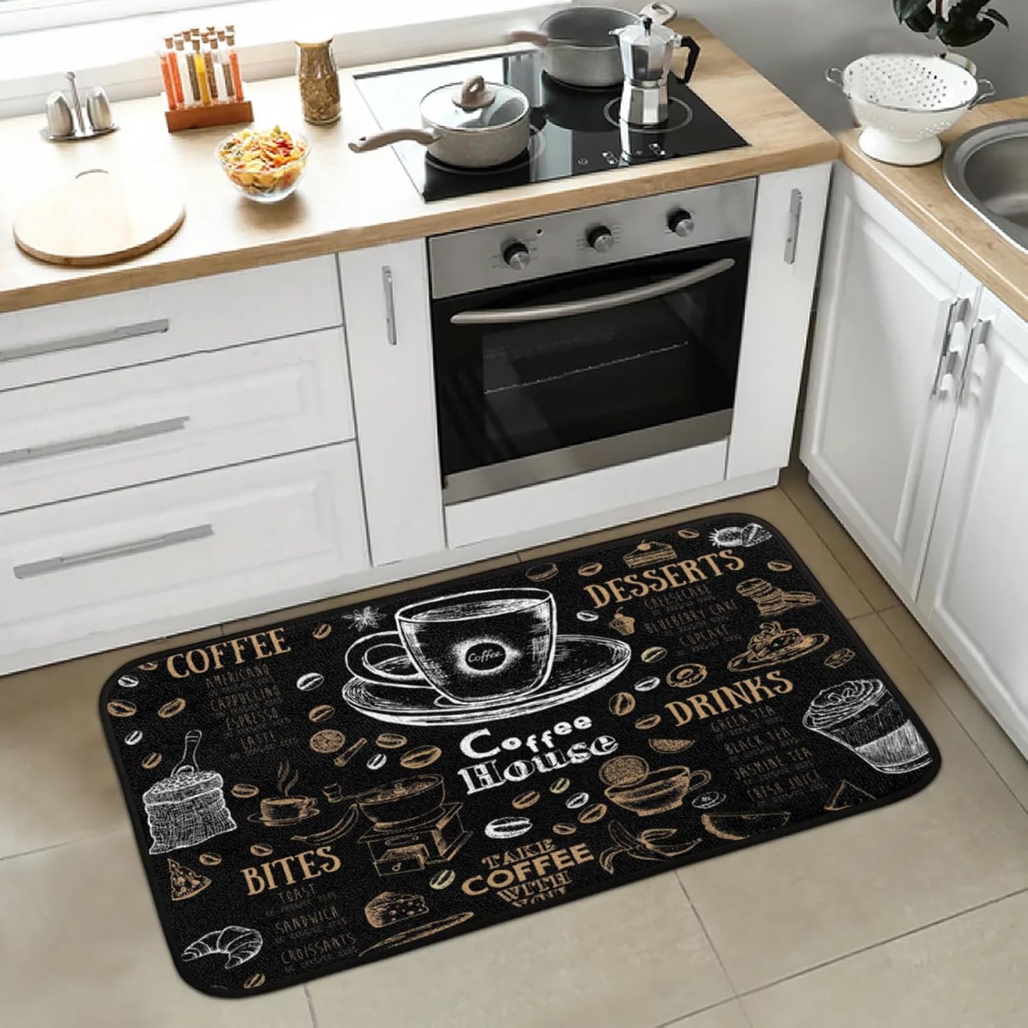 Kitchen Rug Black Coffee Art Non-Slip Washable Mats Anti Fatigue Soft Absorbent Carpet Welcome Mat for Kitchen,Indoor,Entryway, Sink,Laundry Home Decor