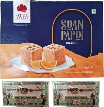 Rakhi & Atul Bakery Soanpapdi Sweets Orange 400g - Indian Sweet for Raksha Bandhan For the Festival of Brothers & Sisters Bond 2 Rakhi With 1 Sweet Box No.103