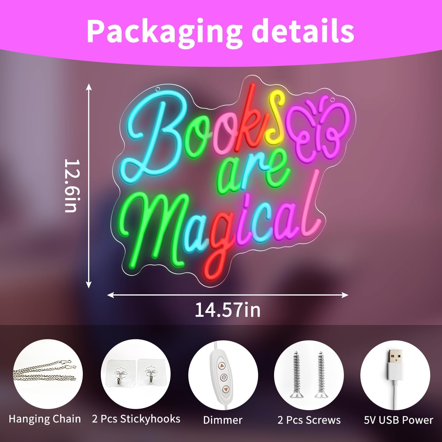 Books Are Magical Neon Sign for Wall Decor, Dimmable Led light for Bedroom, Light Up Signs for Library, Classroom, Book Lover Gift & Reading Nook Decoration 14.57 x 12.6 inch