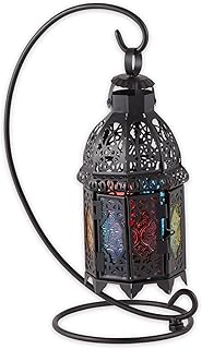 Zingz & Thingz Moroccan Style Candle Lantern Holder, Decorative Light Home Decor, Indoor & Outdoor, 13" Tall, Black with Rainbow Glass