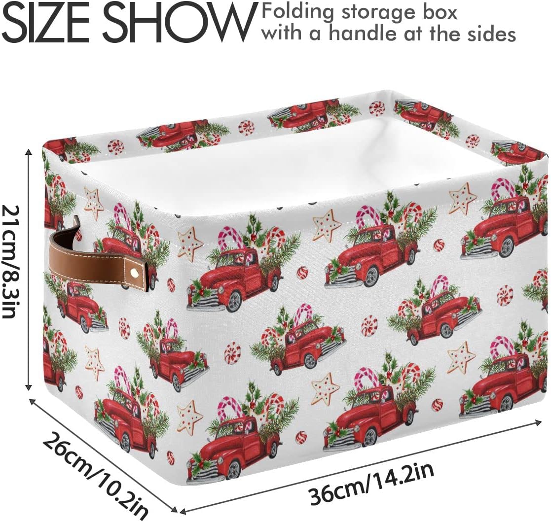 Christmas Truck Candy Canes Red Storage Basket Fabric Laundry Baskets Winter Snowflake Snowman Storage Boxes Organizer Bag for Baby Cloth Dog Toy Book Storage Cubes Shelf Closet Bins 16×12×8 Inches