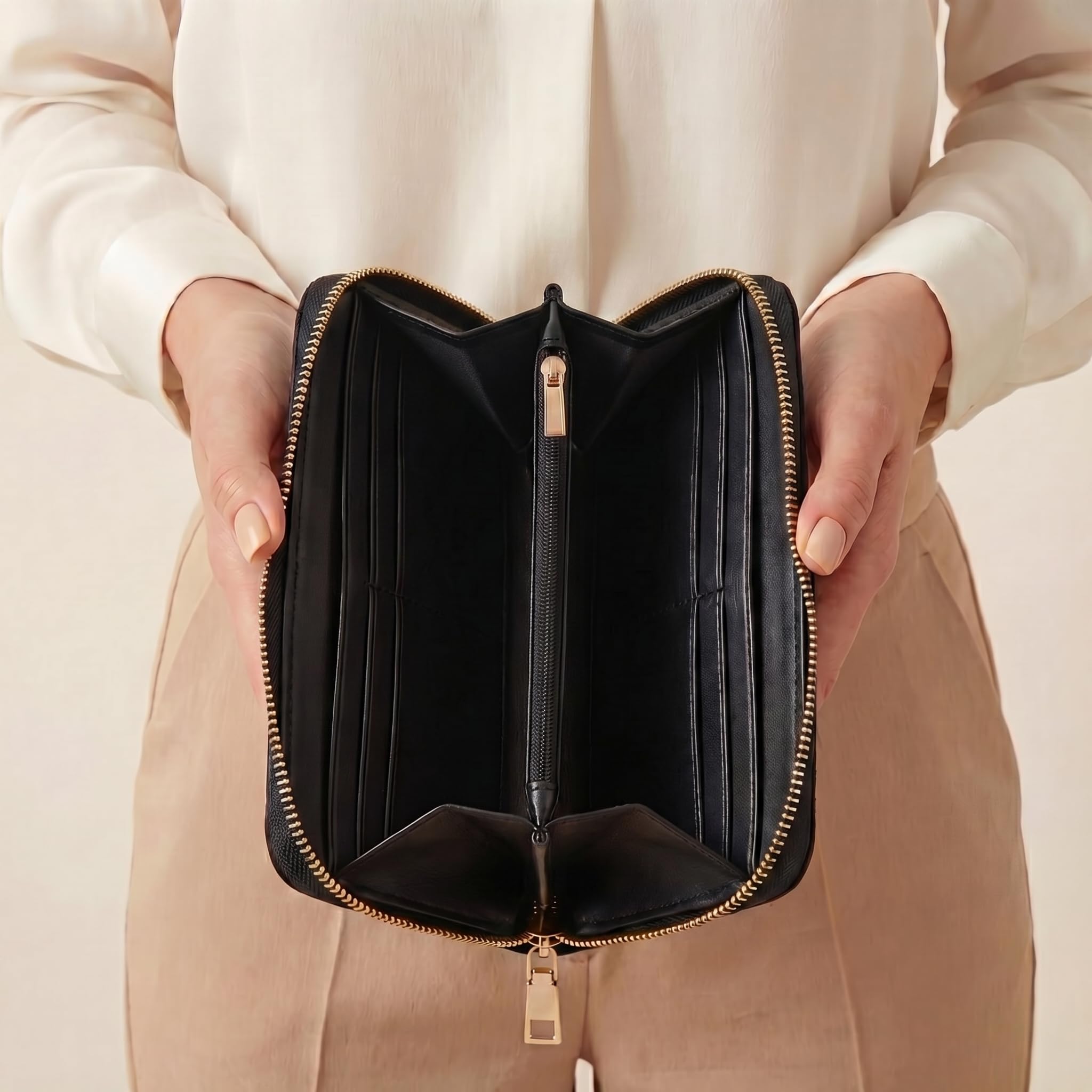 MillyMilk® Leder Geldbörse Groß Pura – Damen Portemonnaie Clutch mit Handyfach – Gepolsterte Kunstleder Brieftasche Vegan mit Vielen Fächern für 16 Karten, Münzen & Scheine (SCHWARZ)