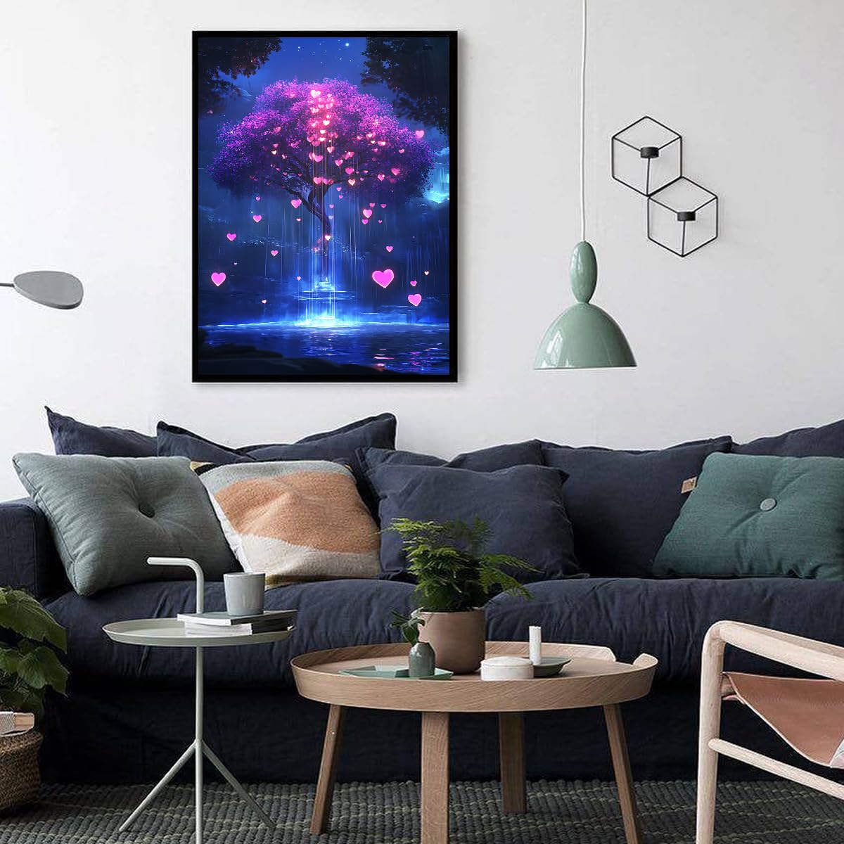 Via Vela Arbre romantique Toile Art mural Fantasy Paysage nocturne Affiches Peinture Amour Coeur Impressions Paysage mystique Murale Oeuvre pour salle d’étude Décor 80x120cm avec cadre noir