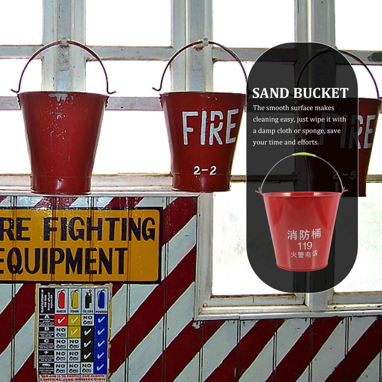 Seau de Sable en Fer pour Station Incendie, Poignée, Rouge