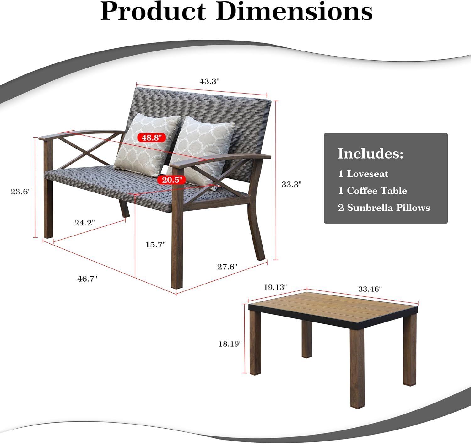 Domi Aluminum Patio Furniture Set, 2-Piece Modern Conversation Set with Cotton Padding Backrests and Seats, Outdoor Loveseat Metal Sofa Set with 5.5 Inch Cushion and Coffee Table for Balcony, Garden