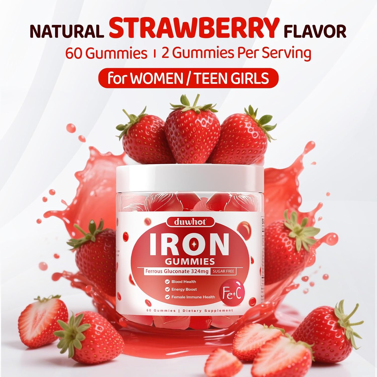 Iron Gummies for Women Teen Girls, Ferrous Gluconate 324 mg with Vitamin C, Iron Supplement Plus Vitamin A, B, Folate, Copper, Zinc, Energy & Blood Support, Immune Health, Sugar Free 60 Gummies - Image 5