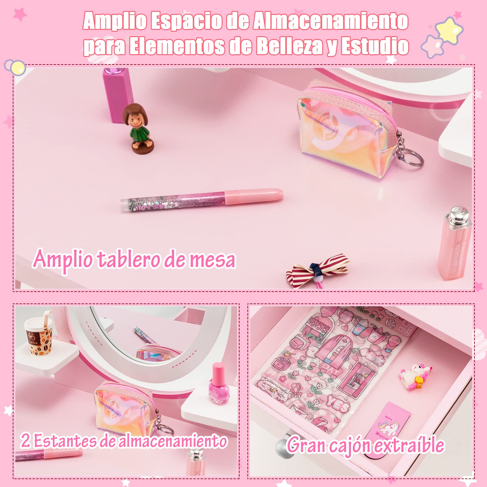 COSTWAY Juego de Tocador de Maquillaje para Niñas, Mesa de Maquillaje con Taburete de Madera 2 en 1, Espejo Ovalado, Cajón, Set de Mesa y Silla de Maquillaje para Niñas de 3 a 7 Años