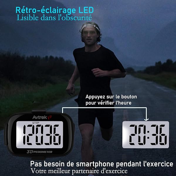 AVTREK Compteur de Pas 3D précis pour la Marche écran géant podomètre numérique pour la Course avec Affichage du Temps et rétroéclairage LED - 4