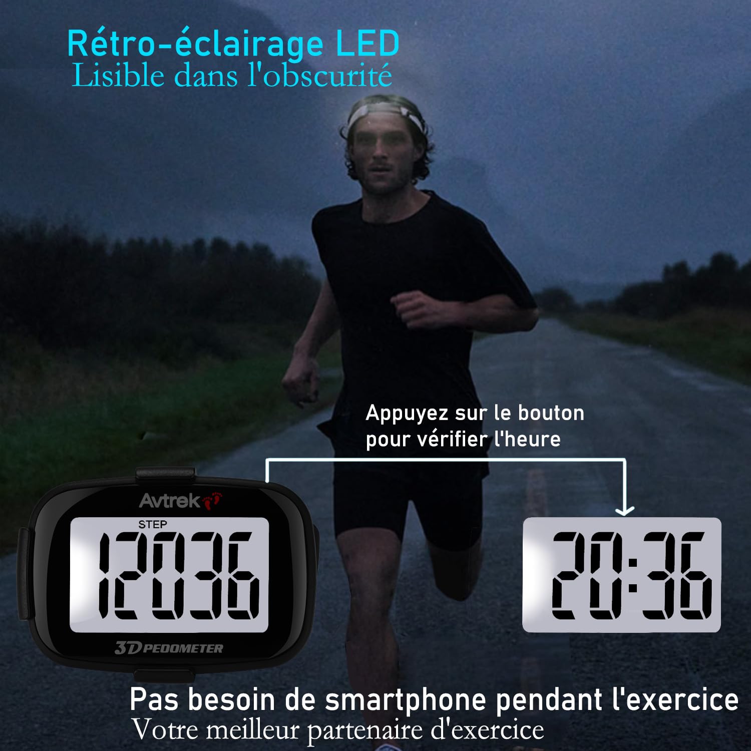 AVTREK Compteur de Pas 3D précis pour la Marche écran géant podomètre numérique pour la Course avec Affichage du Temps et rétroéclairage LED