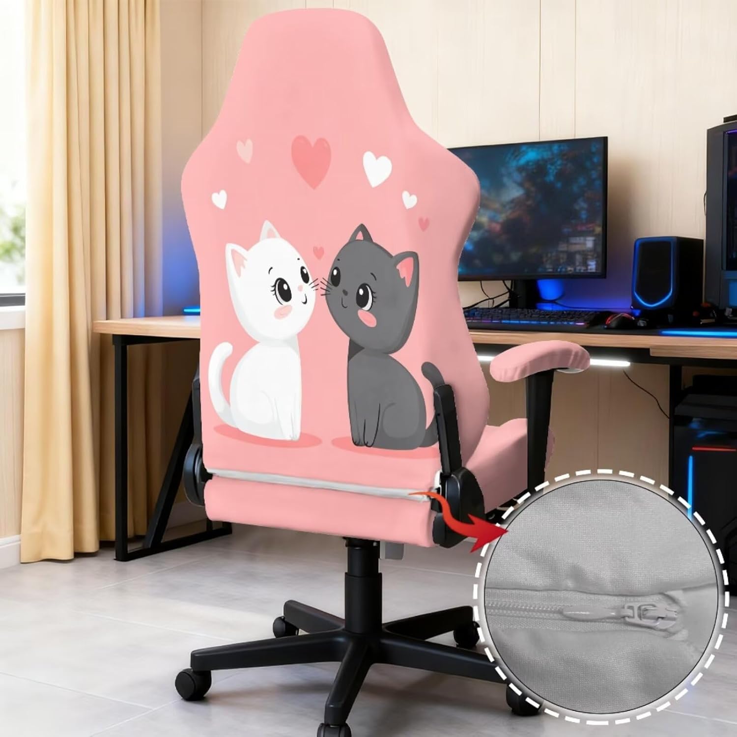 Cat Heart Gaming Chair Covers 4 Pcs Stretch Seat Chair Cover Breathable Office Computer Game Chair Slipcovers Gamer Room Decor with Armrest