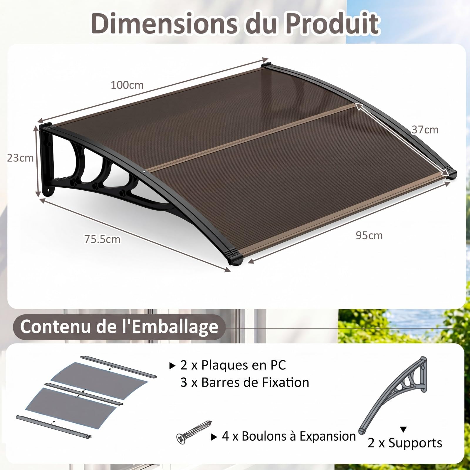 COSTWAY Auvent de Porte d'Entrée 100,5 x 75.5 cm, Marquise de Porte Extérieur en Aluminium, Protection Solaire Contre Pluie, Panneau Double Couche avec Revêtement, pour Fenêtre Café (Brun)