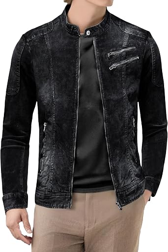 Mens Classic Destroyed Zipper Denim Jackets Vintage Slim Fit Ripped Jean Coat Zip Up Trucker Outerwear