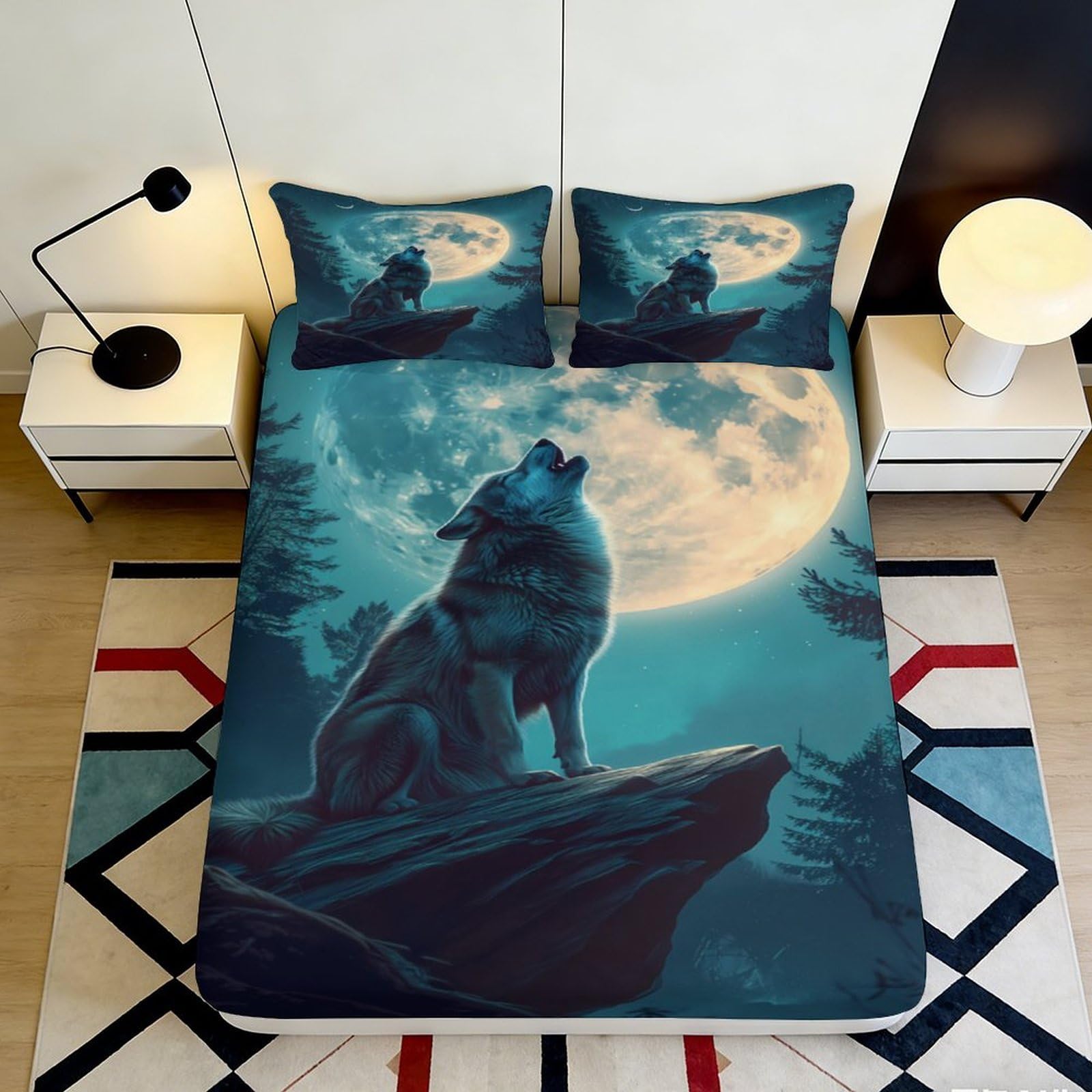 3D Printed Wolf Full Moon Fitted Sheet Microfiber Soft Breathable Night Sky Bed Cover for Bedroom Dormitory Guest Room Mattress Protection Decor 160x200x25cm