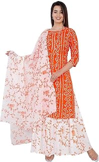 Divya Fashions Women's Rayon Printed Kurti, Skirt, Dupatta Readymade Salwar Suit Available)