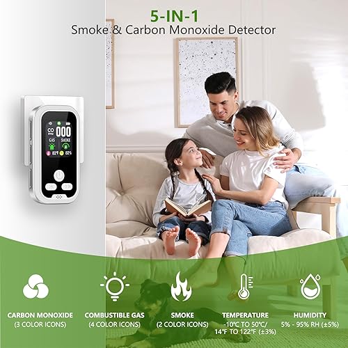 Miniatura 2 de Detector de humo y monóxido de carbono portátil 5 en 1 con pantalla HD, enchufe para fugas de gas natural y alarma de CO con batería de respaldo