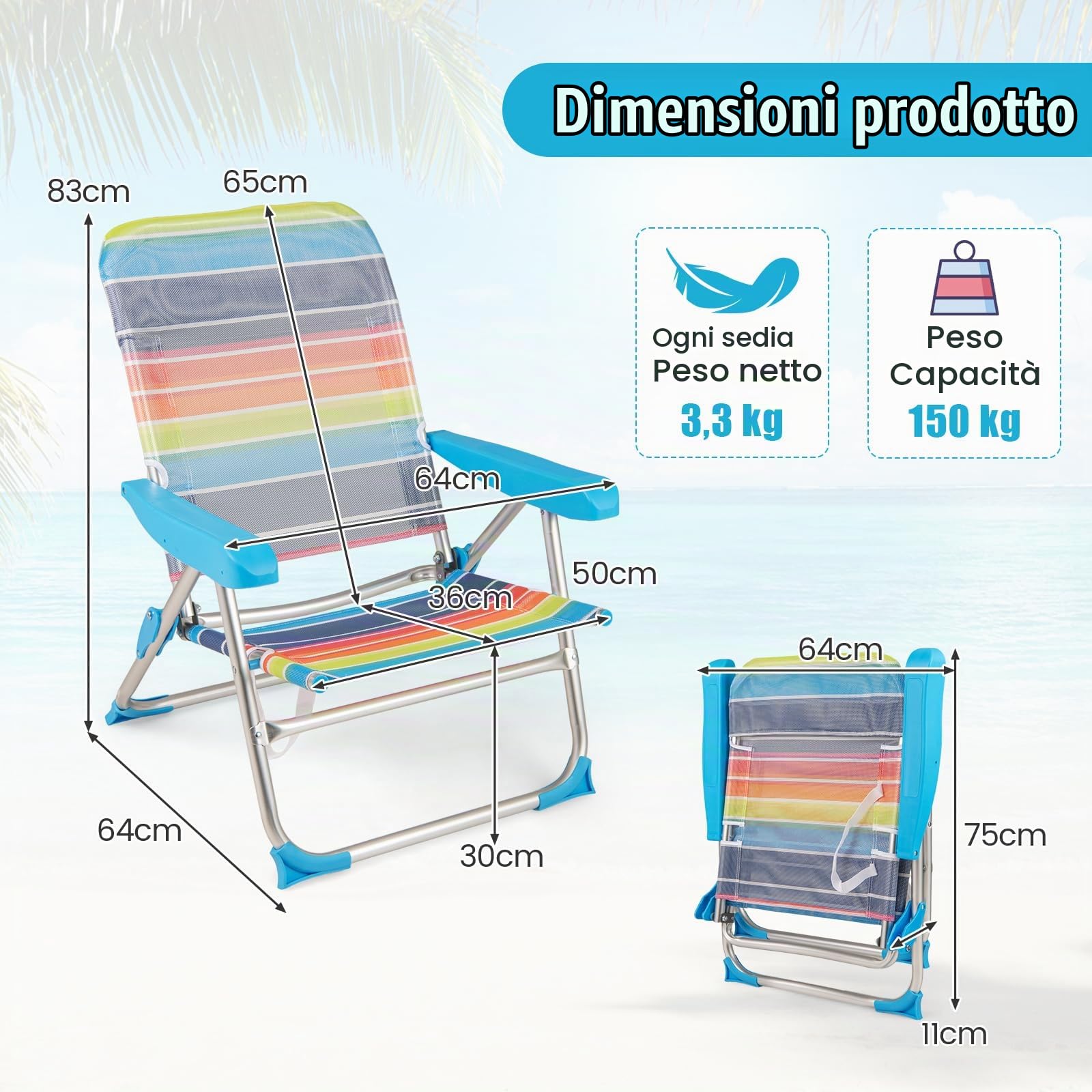RELAX4LIFE Set di 2 Sedie da Spiaggia, Sedia Pieghevole con Schienale Regolabile a 4 Posizioni, Braccioli, Tracolla, Alluminio Leggero, Portatile, Capacità 150kg, per Picnic, Pesca (64 x 64 x 83 cm)