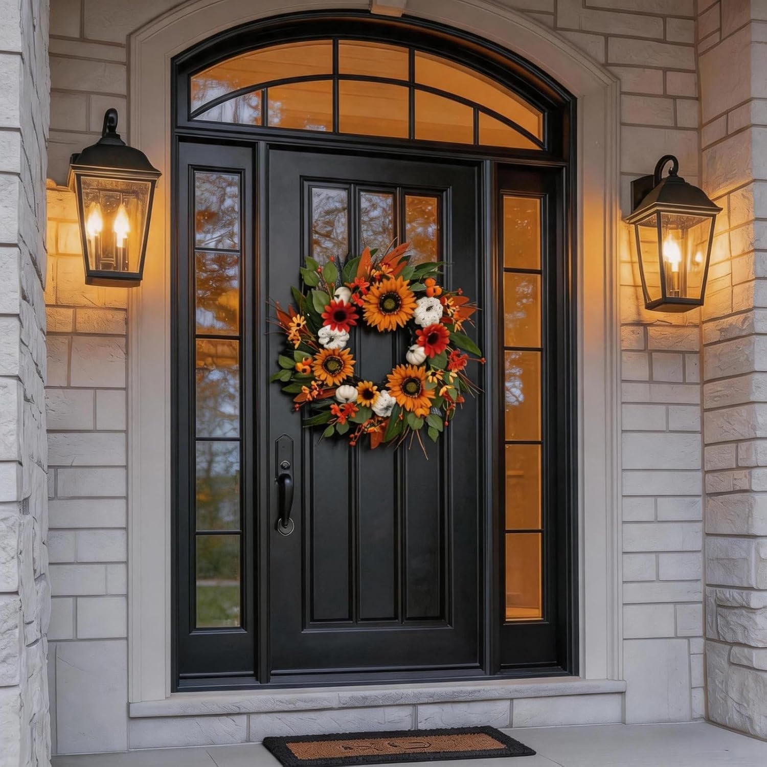 24" Fall Wreath for Front Door with Sunflowers - Vibrant Autumn Harvest Wreath with White Pumpkins, Berries & Eucalyptus Leaves - Thanksgiving Farmhouse Decor for Outdoor Indoor Use