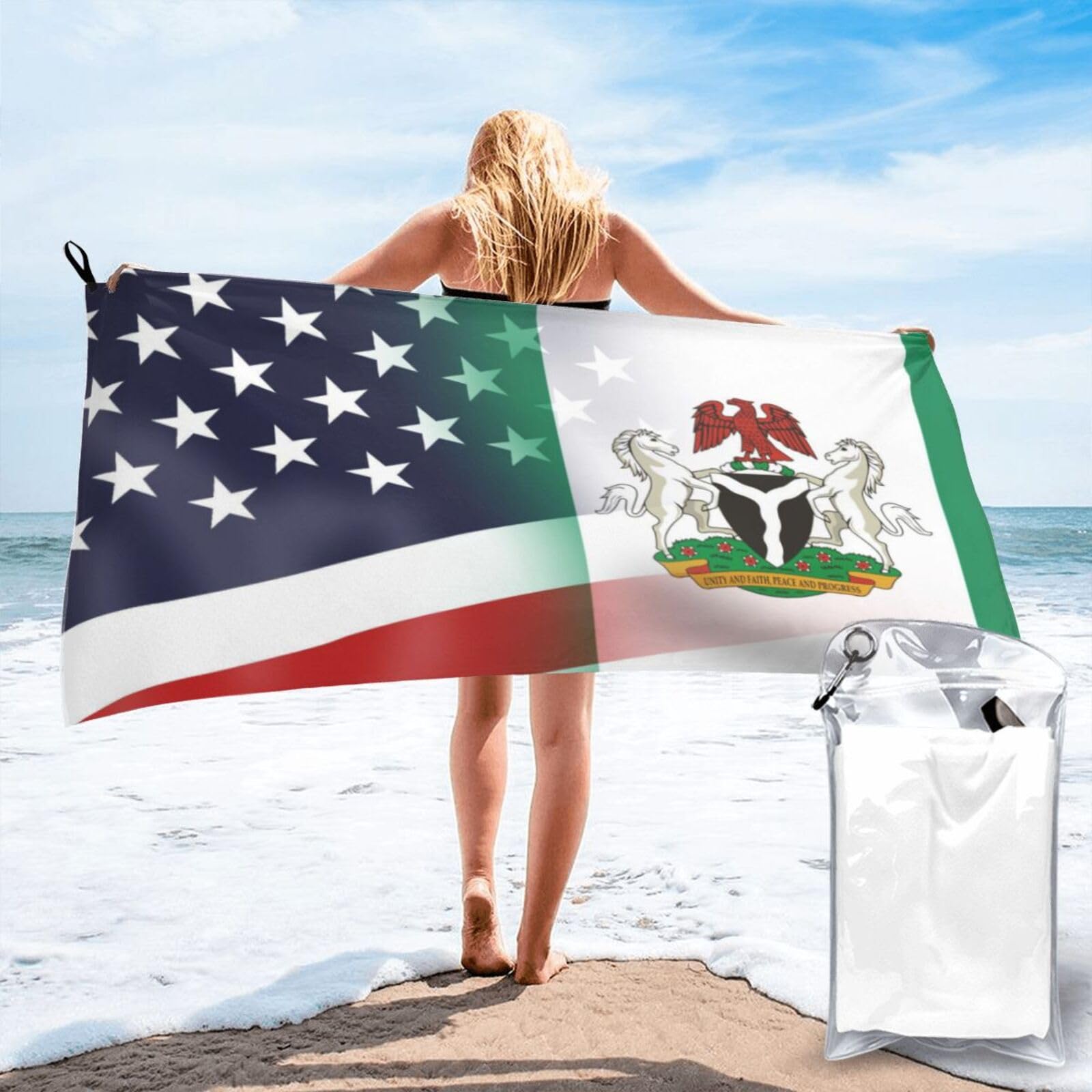 HACXZ Funny America Flag and Nigeria Nigerian Flag Absorbent Beach Towel Microfiber Beach Shower Towel 31.5"X63"