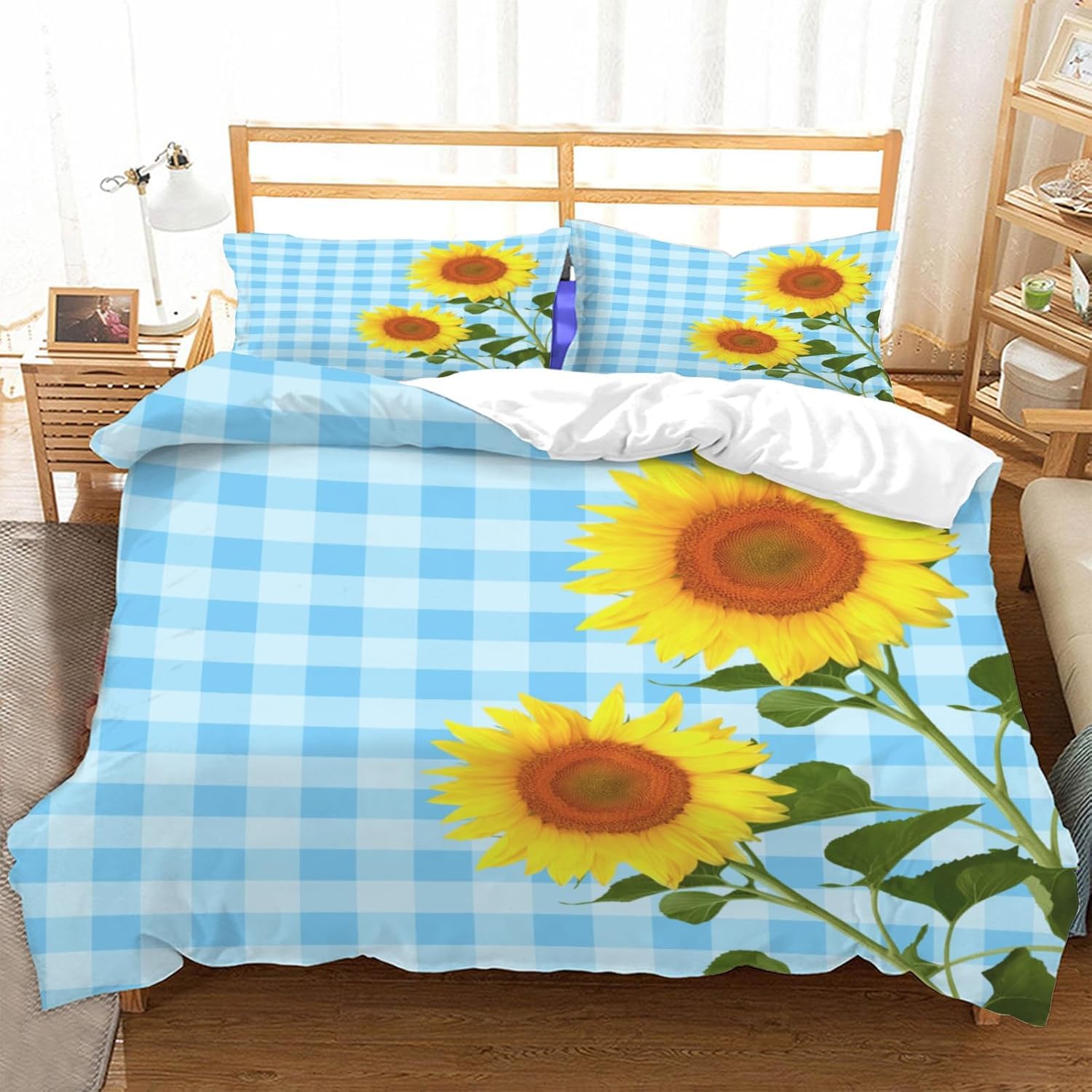 Żółty słonecznik super king size zestaw poszewek na kołdrę niebieski retro kratka miękka poszewka na kołdrę całoroczna poszewka na kołdrę 260 x 220 cm szczotkowana mikrofibra hipoalergiczne zestawy